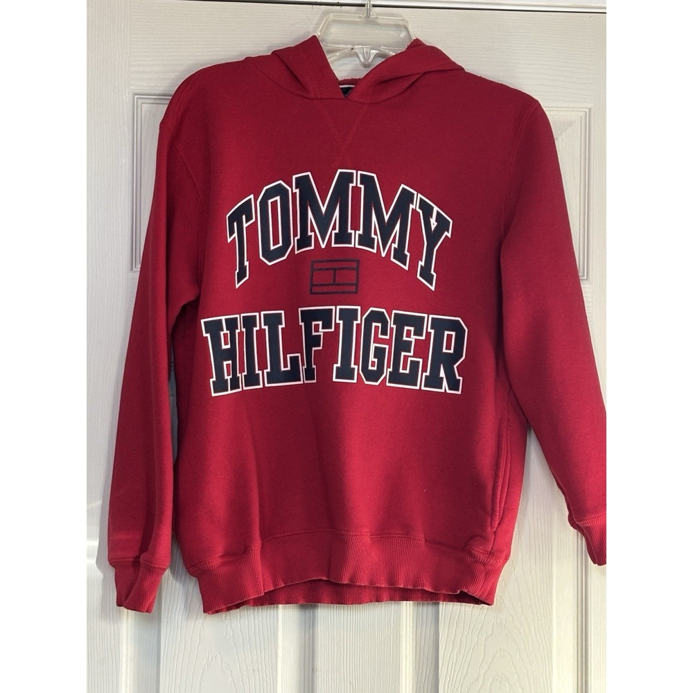 Red Tommy Hilfiger Youth Long Sleeve Pullover Hoodie Sweater Size Large 16/18